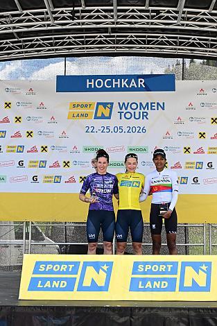 Podest Gesamt 2. Platz Rahel Aschwanden (SUI, Spar CTO Woman), Siegerin Lea Fuchs (SUI, Spar CTO Woman), 3. Platz  Monaliza Chneslasie (ERI, Canyon Sram), Ybbsitz - Hochkar, Sportland NÖ women tour