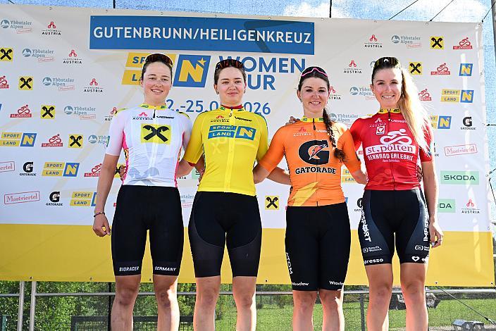 Trikots Gesamtführende Leni Burger (GER, Deutschland), Liv Wenzel (LUX, Team Luxembourg), Olga Wankiewiecz (POL, MAT Atom Deweloper Wroclaw), Leila Gschwendtner (AUT, Smurfit Westrock Cycling Team), Sportland NÖ women tour
