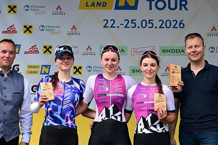 v.l. 2 Platz Etappe Erja Giulia Bianchi (ITA, Canyon / Sram) Siegerin Maja Tracka (POL, AT Atom Deweloper Wroclaw), 3. Olga Wankiewicz (POL, MAT Atom Deweloper Wroclaw),  Amstetten-Amstetten, Sportland NÖ women tour