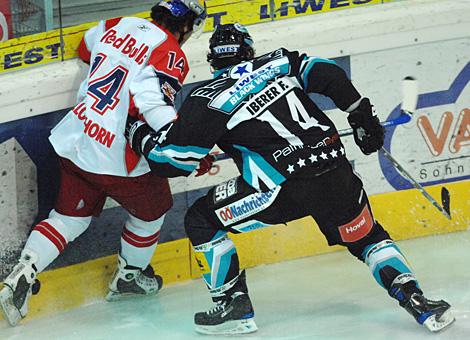 #14 Florian Iberer, Verteidiger, EHC Liwest Black Wings Linz im Duell an der Bande mit der#14 Colton Yellow Horn, Red Bulls Salzburg.