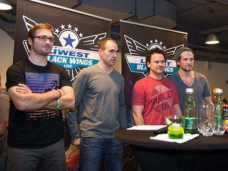 Die Abgaenge von links, Mike Ouellette, Brad Moran, Curtis Murphy, Kevin Macierzynski, EHC Liwest Black Wings Linz