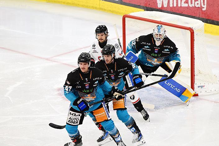 Tormann Rasmus Tirronen (Steinbach Black Wings Linz), Niklas Würschl (Steinbach Black Wings), Logan Roe (Steinbach Black Wings Linz), Oskar Maier (Pioneers Vorarlberg), 1. Runde ICE, Steinbach Black Wings Linz vs Pioneers Vorarlberg , Linz AG Eisarena 