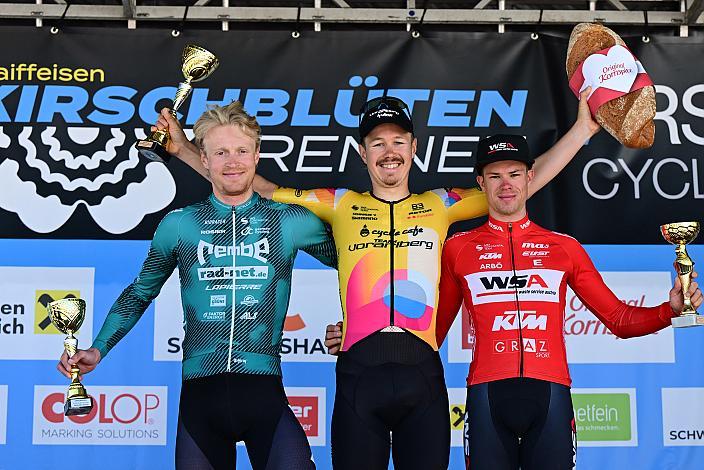 Podest elite: 2. Platz Jon Knolle (GER, Rembe Rad Net) Sieger Alexander Konychev (ITA, Team Vorarlberg), 3 Platz Fabian Steininger (AUT, WSA KTM Graz),  Herren Elite, U23, Road Cycling League Austria, 63. Raika Kirschbluetenrennen, Wels, Oberösterreich