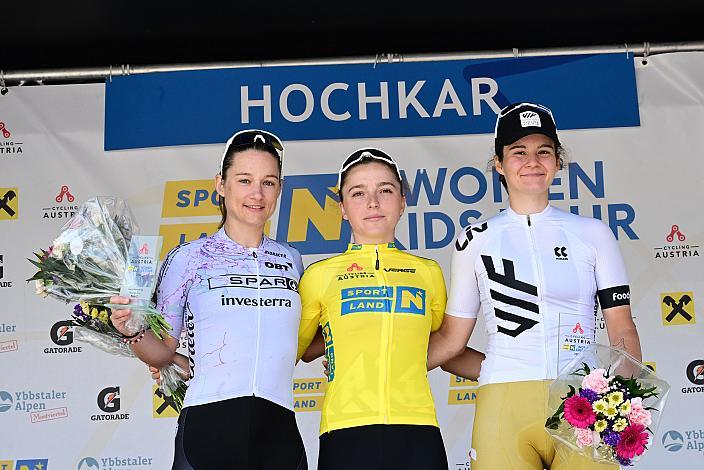 Podest Gesamt 2. Platz Lea Fuchs (SUI, Spar CTO Woman), Siegerin am Hochkar und Gesamt  Malwina Mul (POL, MAT Atom Deweloper Wroclaw), 3. Platz Eliska Kvasnickova (CZE, VIF Cycling Team)  Ybbsitz - Hochkar,,  4. Etappe Sportland NOE WOMEN Tour