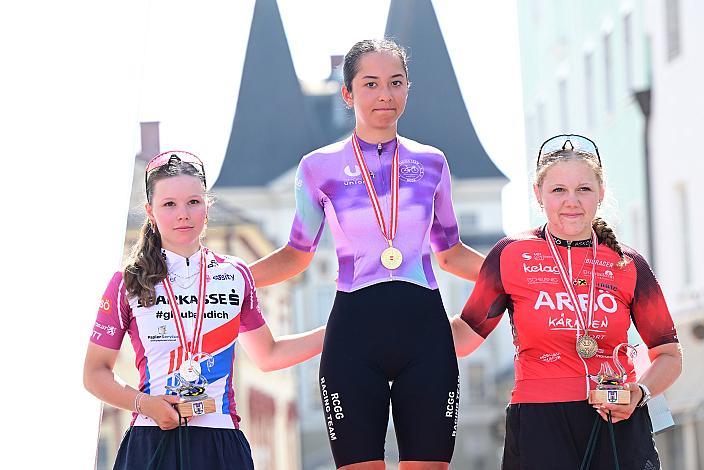 1. TRATTNER Carolina (AUT, RCGG Racing Team) 2. SCHEBESTA Isabell (AUT, ARBÖ RC Sparkasse Pernitz) 3. KLEINSASSER Magda, Podest Juniorinnnen Österreich Staatsmeisterschaft, Strasse, ÖSTM Schwanenstadt - OÖ