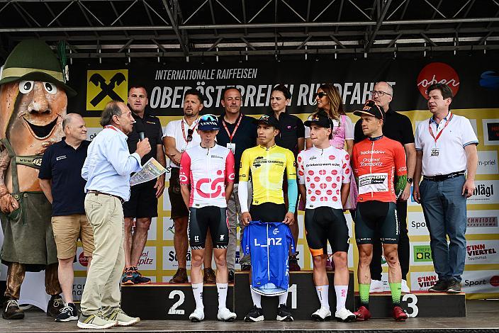 Die Trikoträger der Tour, Aaron Dockx (BEL, Alpecin-Deceuninck Development Team), Edgar David Cadena (MEX, Petrolike), Josef Dirnbauer (AUT, Cycling Team Schwingshandl), Riccardo Zoidl (AUT, Hrinkow Advarics) 4. Etappe St.Florian /Asten - Hinterstoder/Höss 15. Int. Raiffeisen OÖ-Radrundfahrt UCI Kat. 2.2