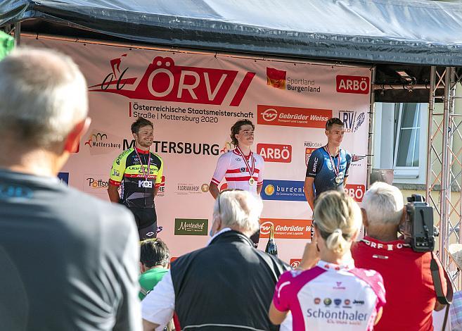 Das Siegerpodest der Herren, v.l. Daniel Federspiel (AUT, Team Vorarlberg Santic), Valentin Götzinger (AUT, Team WSA Graz ARBOE), Michael Gogl (AUT, NTT Pro Cycling), ÖSTM Strasse Mattersburg, Österreichische Staatsmeisterschaft U23, Elite Damen und Herren
