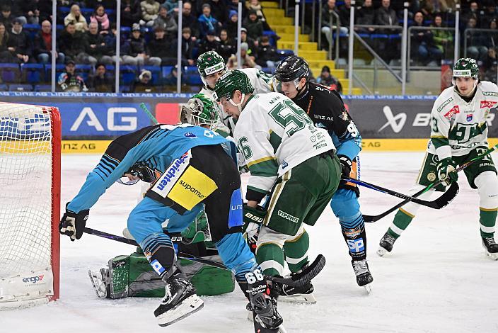 Stefan Gaffal (Steinbach Black Wings Linz), Luka Maver (Steinbach Black Wings Linz), Tormann Kristof Nagy (FTC-Telekom) 45. Runde ICE, Steinbach Black Wings Linz vs FTC-Telekom, Linz AG Eisarena 