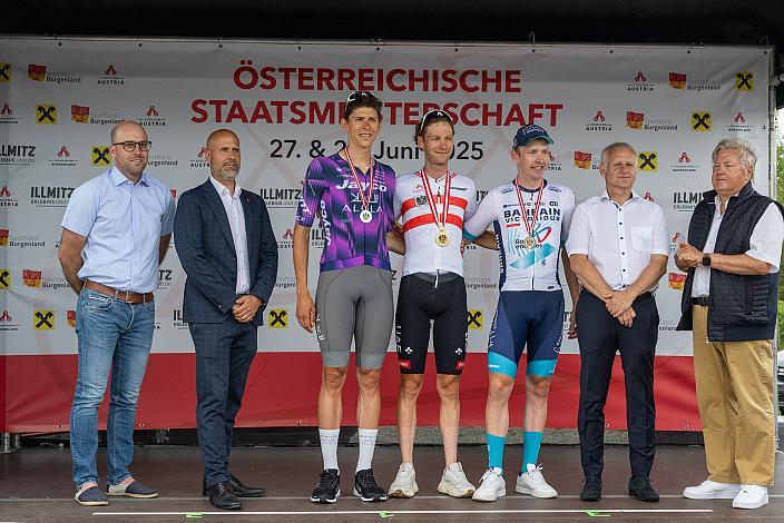 Podest Herren 2. Platz Patrick Gamper (AUT, Team Jayco AlUla), Sieger Felix Grossschartner (AUT, UAE Team Emirates - XRG), 3. Platz Rainer Kepplinger (AUT, Bahrain - Victorious),  ÖM Staatsmeisterschaft, Zeitfahren, Frauenkirchen, Burgenland