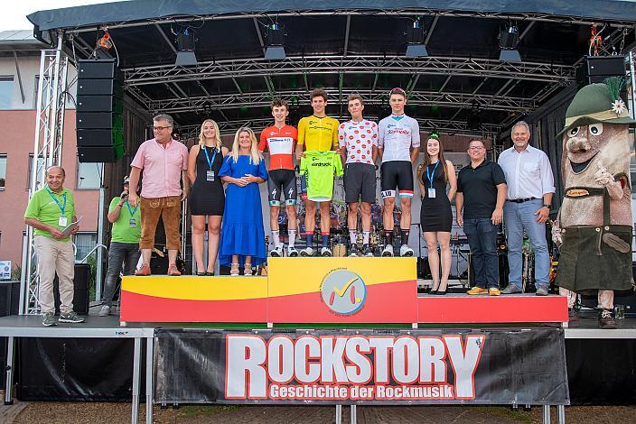 v.l. Trikots Bester Österreicher Alexander Hajek (AUT, Team Auto Eder), Gesamtführender und Etappensieger, Alec Segaert (BEL, Gaverzicht Be - Okay), Marco Schrettl (AUT, Team Auto Eder), 3. Platz Nils Michotte (LUX, Team Luxemburg), 46. Int. Keine Sorgen,  Junioren Rundfahrt UCI Kat. MJ 2.1, 1. Etappe Haid/Ansfelden - Marchtrenk