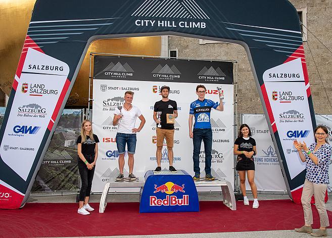 Podest MTB unter 40, 1. Christoph Trausner 2. Thomas Höhenwarter, 3. Alexander Thaler, City Hill Climb Salzburg, Festung Hohensalzburg, Radsport, Bergrennen