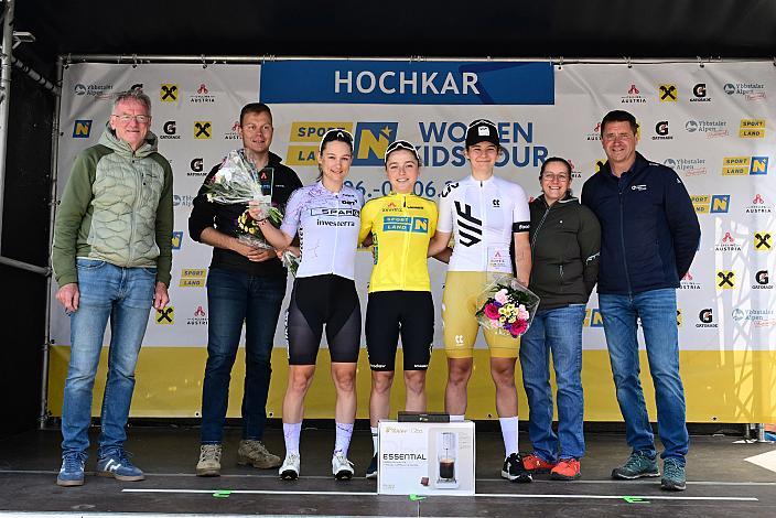 Podest Gesamt 2. Platz Lea Fuchs (SUI, Spar CTO Woman), Siegerin am Hochkar und Gesamt  Malwina Mul (POL, MAT Atom Deweloper Wroclaw), 3. Platz Eliska Kvasnickova (CZE, VIF Cycling Team)  Ybbsitz - Hochkar,,  4. Etappe Sportland NOE WOMEN Tour