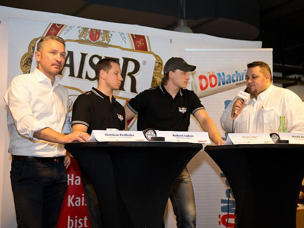 Manager Christian Perthaler, Robert Lukas, Brian Lebler, Martin Derler,  Liwest Black Wings Linz