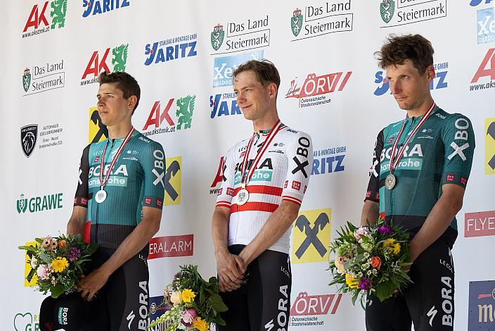 Podest Herren, v.l. Patrick Gamper (AUT, Bora - Hansgrohe), Sieger Felix Grossschartner (AUT, Bora - Hansgrohe), 3. Platz Lukas Pöstlberger (AUT, Bora - Hansgrohe) Herren Elite, U23, Österreichische Meisterschaft Strasse, ÖSTM Gratwein-Straßengel