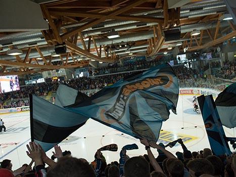 Die Linzer Fans feiern EHC Liwest Black Wings Linz vs HC Orli Znojmo