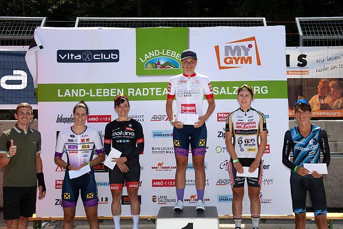 v.l. Gregor Mühlberger (AUT, Moviestar Team), Elisabeth Kappaurer (AUT, Union Raiffeisen Radteam Tirol),  3. Platz Manuela Hartl (GER, Team Cookina ARBÖ ASKÖ Graz RLM Stmk), Siegerin Gabriela Erharter (AUT, Union Raiffeisen Radteam Tirol), Nadja Heigl (AUT, Servetto - Makhymo - Beltrami TSA), Barbara Mayer (AUT, RC ARBÖ SK Voest), MYGYM Master Race am Salzburg Ring, Zeitfahren, ÖRV RadLiga, Radsport, Radliga, ÖRV, Damen Elite, 