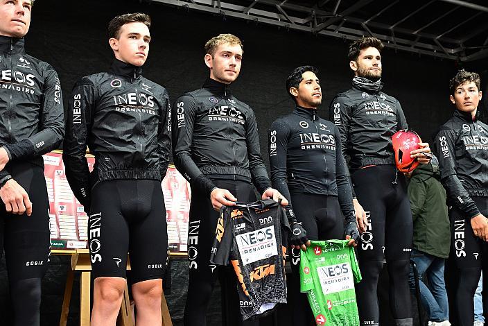 Team Ineos Grenadiers, GBR  mit Magnus Sheffield (USA, Ineos Grenadiers), Brandon Smith Rivera (COL, INEOS Grenadiers), Filippo Ganna (ITA, INEOS Grenadiers), 73. Tour of Austria, ME 2.1 5 Etappe  Kufstein, Patscherkofel Kondulenzfahrt