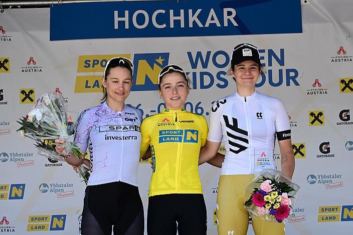 Podest Gesamt 2. Platz Lea Fuchs (SUI, Spar CTO Woman), Siegerin am Hochkar und Gesamt  Malwina Mul (POL, MAT Atom Deweloper Wroclaw), 3. Platz Eliska Kvasnickova (CZE, VIF Cycling Team)  Ybbsitz - Hochkar,,  4. Etappe Sportland NOE WOMEN Tour