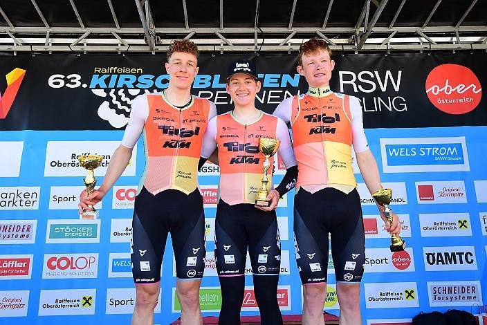 Podest U23 2. Platz David Preyler (AUT, Tirol KTM Cycling Team), Sieger  Simen Evertsen-Hegreberg (NOR, Tirol KTM Cycling Team), 3. Platz Matthew Dodd (GBR, Tirol KTM Cycling Team), 3. Platz Herren Elite, U23, Road Cycling League Austria, 63. Raika Kirschbluetenrennen, Wels, Oberösterreich