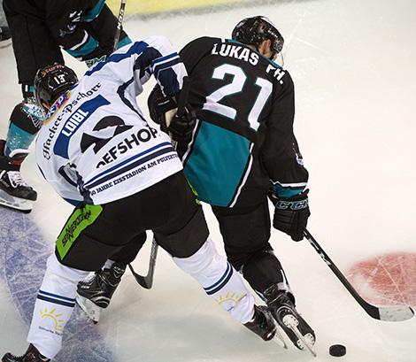 Philipp Lukas (EHC Liwest Black Wings Linz) und Thomas Brandl (Straubing Tigers)  EHC Liwest Black Wings Linz  vs Straubing Tigers