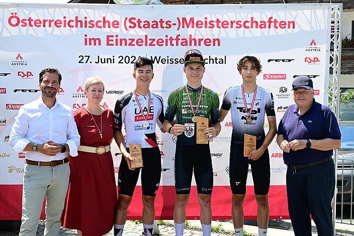 v.l. Mario Rossmann (Präsident Cycling Upper Austria, Oberösterreich), Bürgermeisterin Nicole Eder, Steinbach am Attersee, Podest U23, 2. Platz Heimo Fugger (AUT, UAE Team Emirates - Gen Z), Valentin Poschacher (AUT, Hrinkow Advarics), Paul Viehböck (AUT, Tirol KTM Cycling Team), Harald J. Mayer (ÖRV, Präsident Österreichischer Radsportverband, Cycling Austria),  Österreich Staatsmeisterschaft, Einzel - Zeitfahren, ÖSTM EZF Weißenbachtal - OÖ