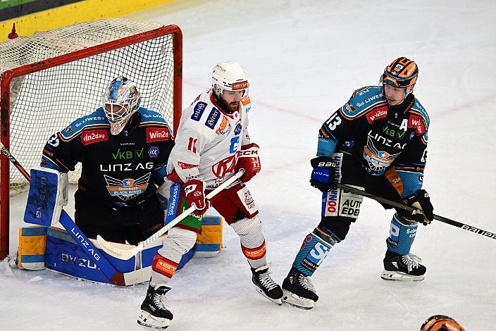 Tormann Rasmus Tirronen (Steinbach Black Wings Linz), Kevin Paul Clark (EC KAC), Gerd Kragl (Steinbach Black Wings Linz)  Semifinale 4, Win2Day ICE Hockey League, 4. Semifinale, Steinbach Black Wings Linz vs EC KAC,  Linz AG Eisarena 