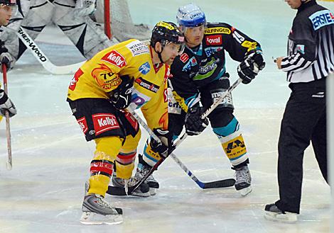 #19 Rob Shearer, Liwest Black Wings Linz und die #76 Aaron Fox, Vienna Capitals, beim Bully.