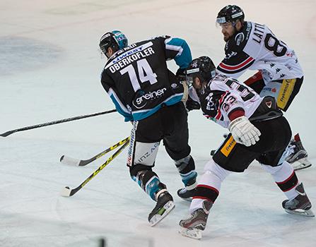 Daniel Oberkofler (EHC Liwest Black Wings Linz) vor Peter Pucher (HC Orli Znojmo), EHC Liwest Black Wings Linz vs HC Orli Znojmo