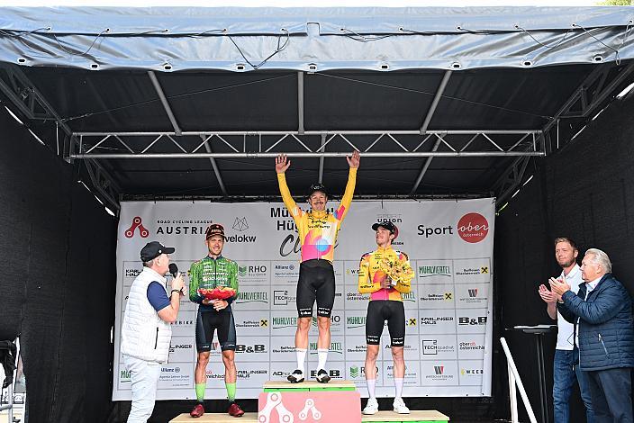 Podest. 2. Platz Riccardo Zoidl (AUT, Hrinkow Advarics), Sieger des Rennens Alexander Konychev (ITA, Team Vorarlberg), 3. Platz Emanuel Zangerle (AUT, Team Vorarlberg), Herren Elite, U23, Cycling League Austria Radliga, Mühlviertler Hügelwelt Classic Elite Damen, Königswiesen, OÖ
