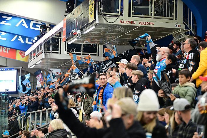 Fans der Steinblach Black Wings feiern in der Halle 7. Runde ICE, Steinbach Black Wings Linz vs EC KAC, Linz AG Eisarena