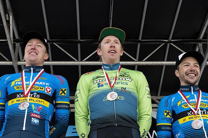 LM OÖ, 2. Platz Florian Kierner (Team Felbermayr Simplon Wels), Sieger Rainer Kepplinger (AUT, Hrinkow Advarics), Florian Gamper (AUT, Team Felbermayr Simplon Wels) , Herren Elite, U23, Radliga, 60. Raika Kirschbluetenrennen, Wels, Oberösterreich