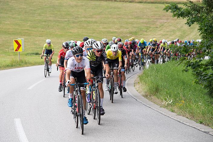 Das Feld am Weg zur Bergwertung Haselbach, In Gelb Viggo Moore (USA, Lux/CTS p/b Specialized), Hugo Tapiz (FRA, Academy U19 la Pomme marseille), Rohrbach - Rohrbach, Int. "Keine Sorgen" Junioren Rundfahrt UCI Kat. 2.1 MJ