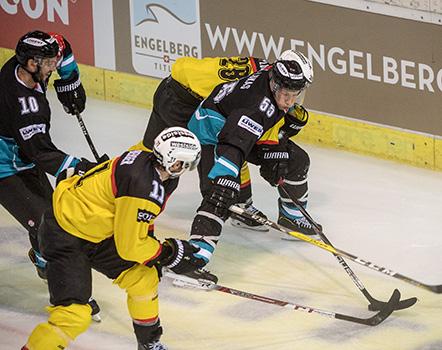 defenseman Robert Lukas #55 of Black Wings  against forward Martin Pluess #28 of SC Bern, EHC Liwest Black Wings Linz vs SC Bern
