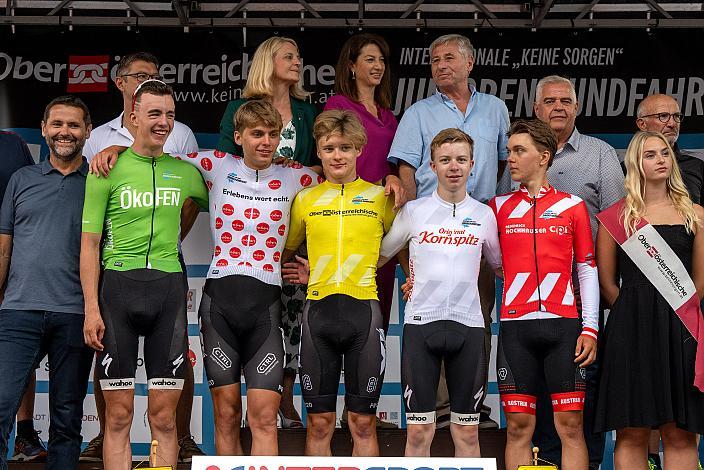 Die Trikotträger mit Benjamin Eckerstorfer (AUT, Team Österreich), Frank Aron Ragilo (EST, Cannibal Team) im Gelben Trikot, Moritz Hörandtner (AUT, Team Oberösterreich), Henry Neff (USA, LUX/CTS p/b Specialized), Artem Shmidt (USA, Cannibal Team) , Rohrbach - Rohrbach, Int. "Keine Sorgen" Junioren Rundfahrt UCI Kat. 2.1 MJ