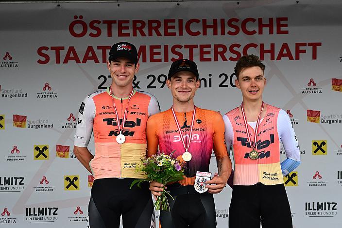 Podest U23, Jakob Purtscheller AUT, Tirol KTM Cycling Team), Sieger Adrian Stieger (AUT, Cycling Team Schwingshandl), 3. Platz Benjamin Eckerstorfer (AUT, Tirol KTM Cycling Team), ÖM Staatsmeisterschaft, Zeitfahren, Frauenkirchen, Burgenland