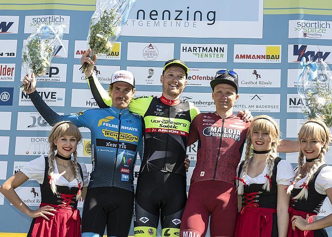 Das Siegerpodest v.l. 2. Platz Stephan Rabitsch (AUT, Team Felbermayr Simplon Wels),  Sieger Colin Chris StÃ¼ssi (SUI, Team Vorarlberg Santic), Helmut Trettwer (GER, Maloja Pushbikers), Radbundesliga 2019, Nenzing