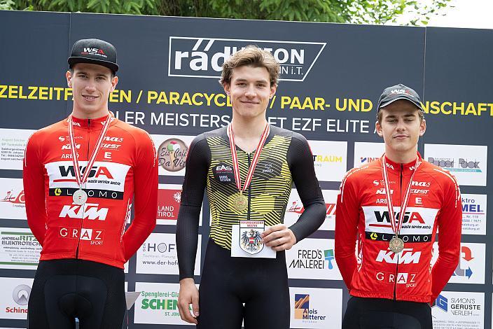 Podest U23 Herren 2. Platz Stefan Marbler (AUT, WSA KTM Graz), 1. Platz Adrian Stieger (AUT, Arbö Headstart on Fahrrad), 3. Platz Maximilian Kabas (AUT, WSA KTM Graz pb Leomo), ÖM Staatsmeisterschaft, Zeitfahren, Erpfendorf Tirol