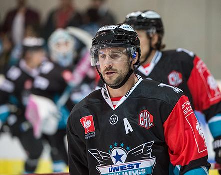 center Brett McLean #15 of Black Wings Linz EHC Liwest Black Wings Linz vs SC Bern