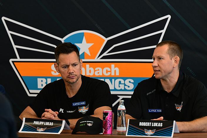 v.l. Head Coach Philipp Lukas (Steinbach Black Wings Linz), Robert Lukas (Nachwuchsleiter Black Wings Linz, Ligastart Pressekonferenz Steinbach Black Wings Linz , Linz AG Eisarena 