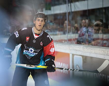 center Daniel Oberkofler #74 of Black Wings Linz EHC Liwest Black Wings Linz vs SC Bern
