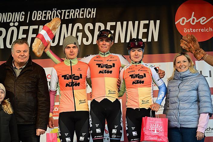 podest U23 Benjamin Eckerstorfer (AUT, Tirol KTM Cycling Team), Sieger Marco Schrettl (AUT, Tirol KTM Cycling Team), 3. Platz Nicolas Ginter (SUI, Tirol KTM Cycling Team)  64. Saison Eroeffnung Leonding Herren Elite, Road Cyling League Austria