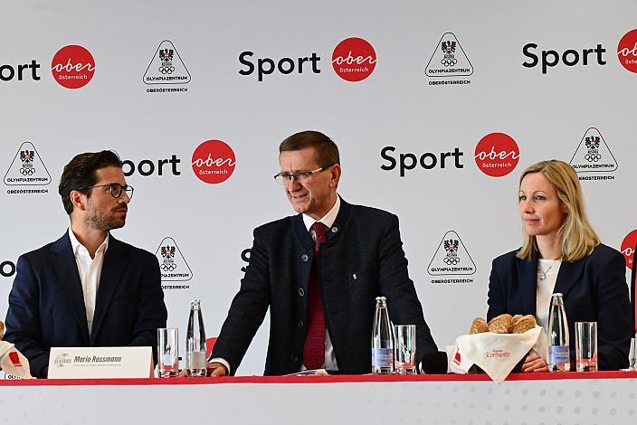 v.l. Mario Rossmann (Präsident Cycling Upper Austria, Oberösterreich), Wirtschafts- und Sport-Landesrat Markus Achleitner (Oberösterreich), Karin Leitner (Vizebürgermeisterin und Sportreferentin der Stadt Linz), Pressekonferenz Int. Raiffeisen Oberösterreich Rundfahrt (UCI Kat. 2.2), Olympiazentrum Linz  