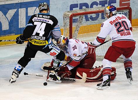 Daniel Oberkofler Liwest Black Wings Linz vs. Thomas Hoeneckl, Tormann EC Red Bull Salzburg