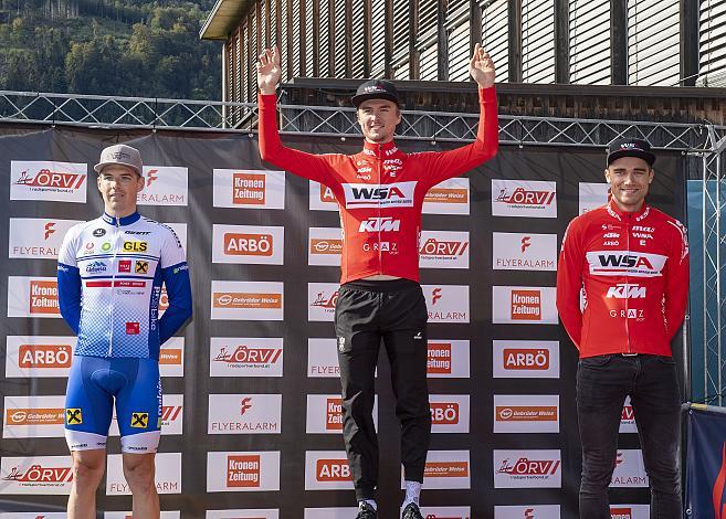 Siegerpodest Herren Elite / U23, Austrian Time Trail Series v.l. 2. Johannes Hirschbichler (AUT, Union Raiffeisen Radteam Tirol) Gesamtsieger Daniel Auer (AUT, Team WSA Graz ARBOE), 3. Platz Felix Ritzinger (AUT, WSA KTM Graz) ATTS, Zeitfahren, Austrian Time Trail Series,  U23, Elite Damen und Herren