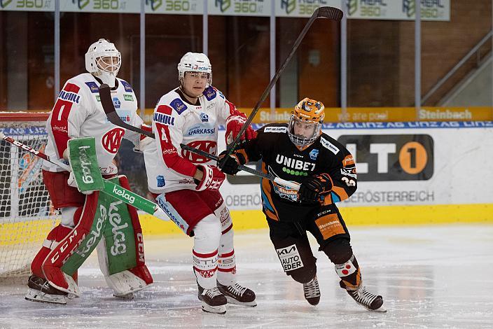 Tormann Val Usnik (EC KAC), Kele Steffler (EC KAC), Will Pelletier (Steinbach Black Wings Linz)  Steinbach Black Wings Linz vs EC KAC, bet-at-home ICE Hockey League