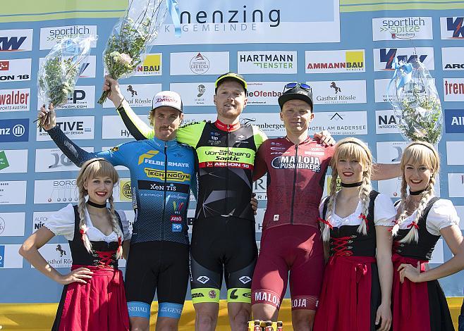 Das Siegerpodest, v.l. 2. Stephan Rabitsch (AUT, Team Felbermayr Simplon Wels), Sieger Colin Chris StÃ¼ssi (SUI, Team Vorarlberg Santic) , 3.Platz  Helmut Trettwer (GER, Maloja Pushbikers), Radbundesliga 2019, Nenzing