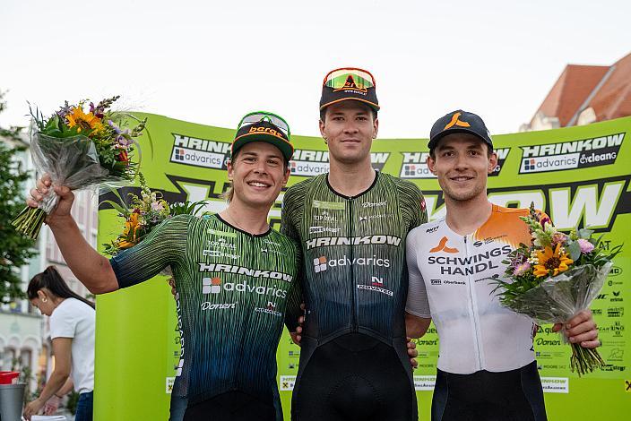 Siegerpodest Herren, 2. Platz Josef Dirnbauer (AUT, Hrinkow Advarics), Sieger Loic Bettendorff (LUX, Hrinkow Advarics), 3. Platz Adrian Stieger (AUT, Schwingshandl Intralogistics), 28. Int. ASVÖ - HRINKOW City Kriterium Steyr, Herren Elite, ÖRV, Radsport, Mountainbike, ELITE Rennrad