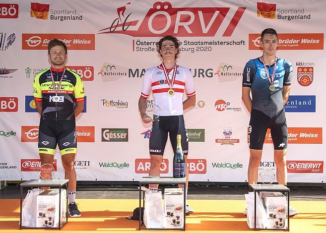 Siegerpodest v.l. 2 Platz Daniel Federspiel (AUT, Team Vorarlberg Santic), Staatsmeister Valentin Götzinger (AUT, Team WSA Graz ARBOE), 3. Platz Michael Gogl (AUT, NTT Pro Cycling)ÖSTM Strasse Mattersburg, Österreichische Staatsmeisterschaft U23, Elite Damen und Herren