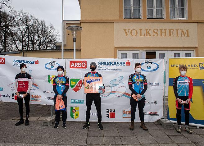 Podest Junioren, v.l. 4. Platz Timo Fischer (AUT, RV Dornbirn), 2. Adrian Stieger (AUT, Team Felbermayr Simplon Wels), Sieger Jakob Putscheller  (AUT, Team Felbermayr Simplon Wels), 3. Platz Moritz Hörandtner (AUT, Team Felbermayr Simplon Wels)5. Sebastian Putz (AUT, RC Arbö Spk Neunkirchen) Rad Cyclo Cross Staatsmeisterschaft 2021, Neusiedl/Waidamannsfeld, Niederösterreich