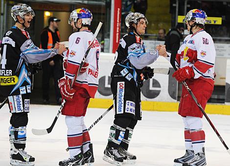 Daniel Oberkofler und Martin Mairitsch Liwest Black Wings Linz vs.schuetteln die Hand von Alexander Pallestrang EC Red Bull Salzburg